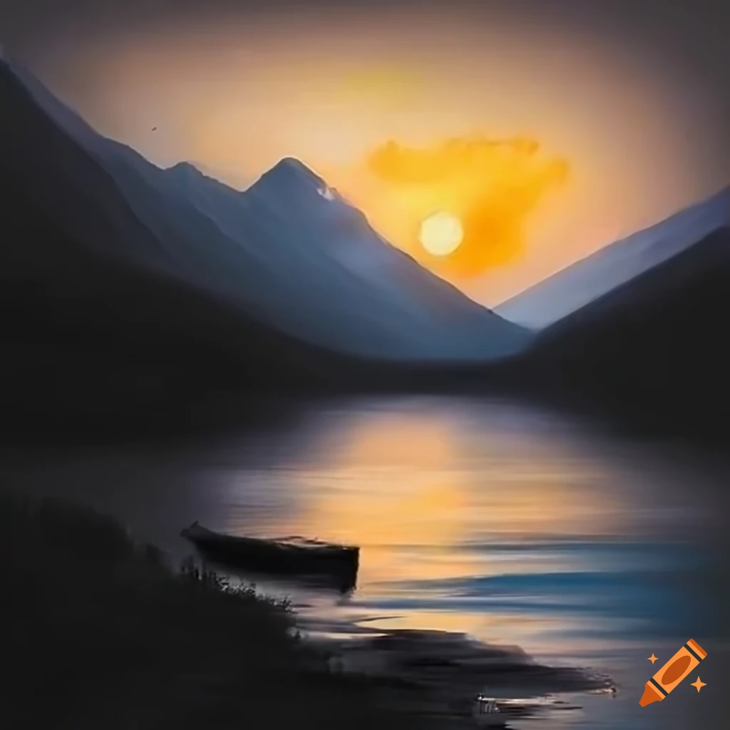 Mountain lake at sunset with sun's reflection on water on Craiyon