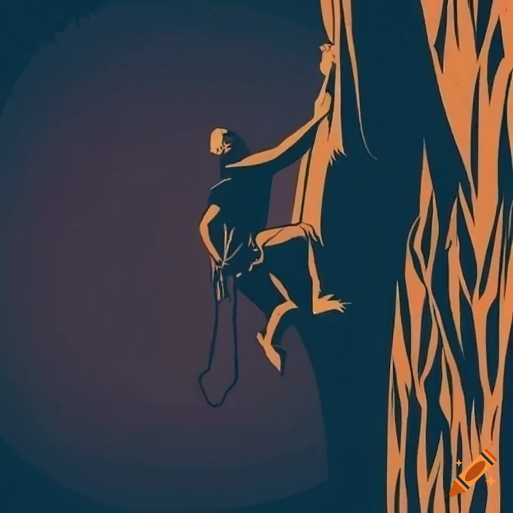 Rock climber hanging off cliff edge in woodcut style