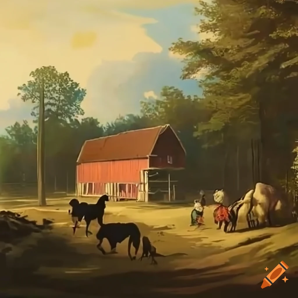 People walking their dog towards a farm with a forest in the background