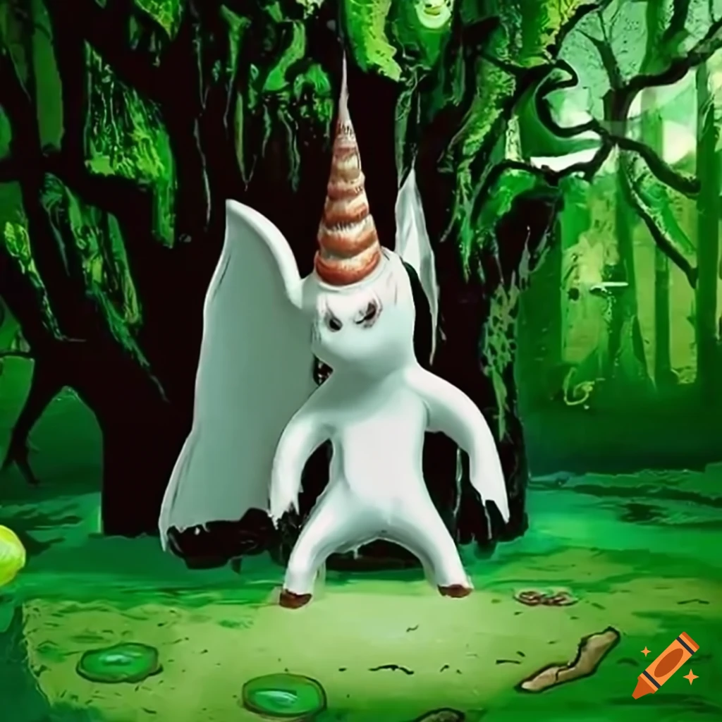 Mythical creatures and mutant omega mart lemon fruit monster in a magical forest ambiance