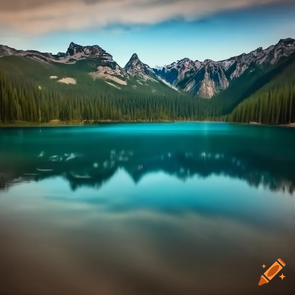 Serene lake surrounded by mountains on Craiyon