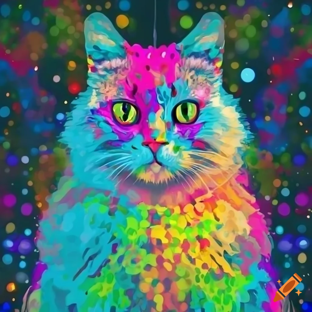 Fluffy rainbow cat looking in a mirror with colorful universe in dot art style