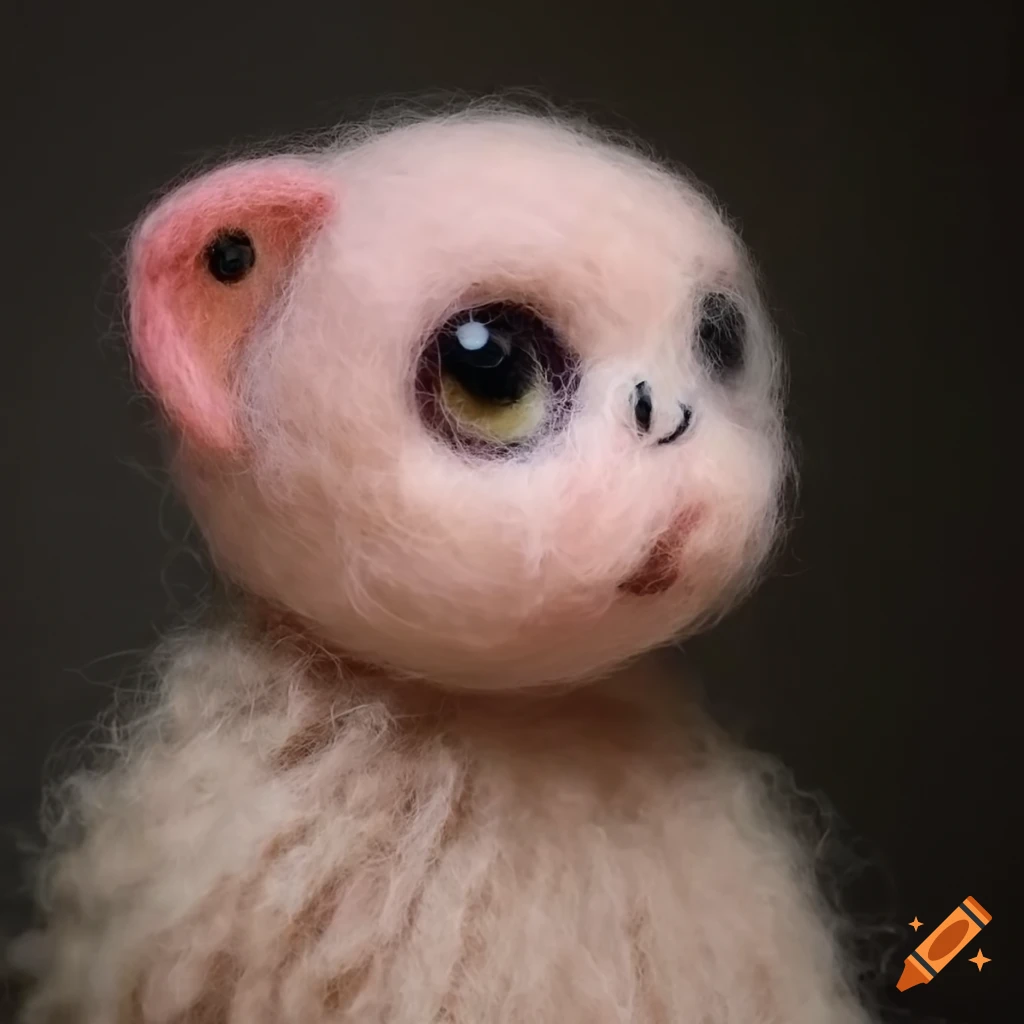 Adorable felted wool creature with cute eyes and outfit