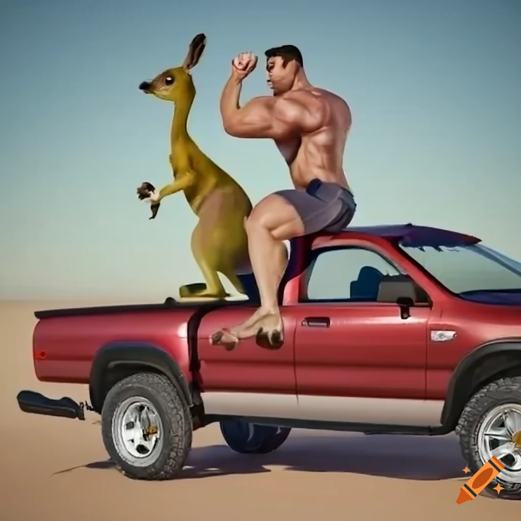 Muscle man with kangaroo companion on a pickup truck in 3D art