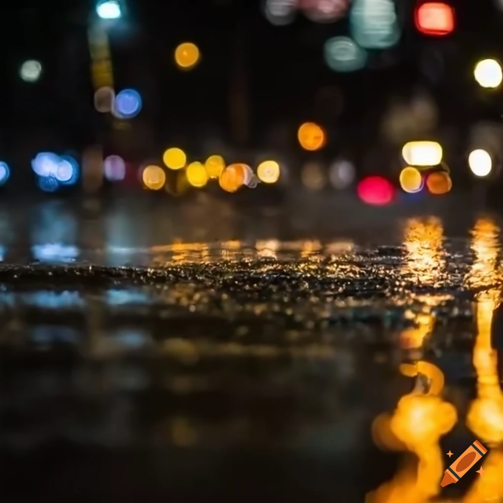 Night scene with neon reflections on water puddles