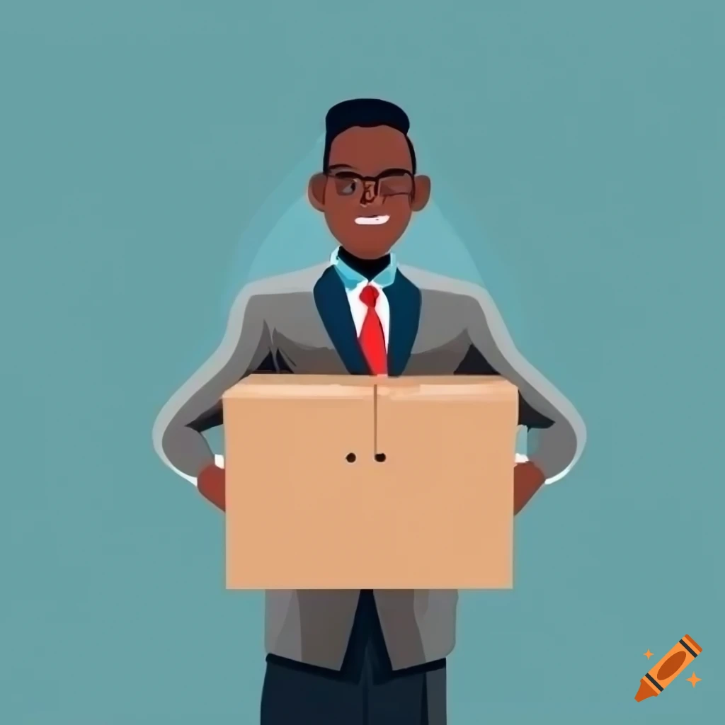 Office man holding a cardboard box in a flat vector illustration on Craiyon