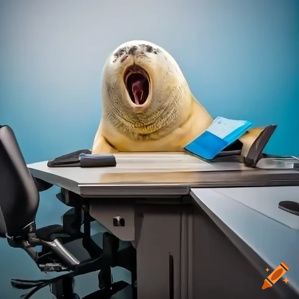 Fluffy seal yawning on an office desk with protesting workers