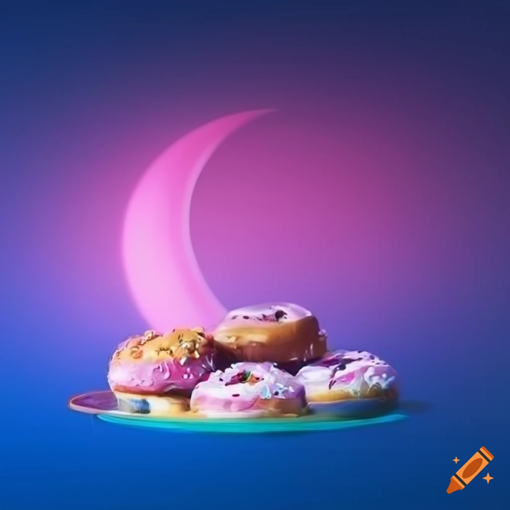 Ramadan celebration with donuts, crescent moon, and lanterns