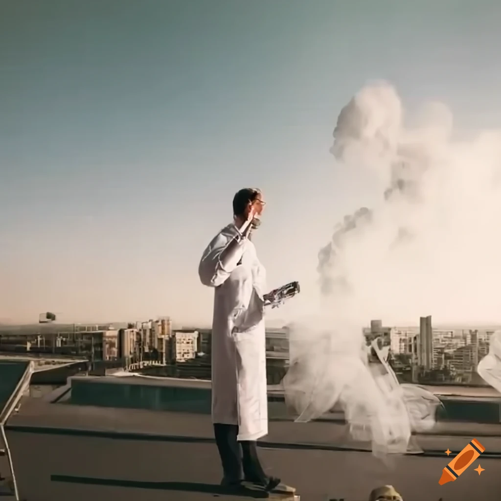Medical professional gesturing with smoke on hospital roof in retro-futuristic cityscape