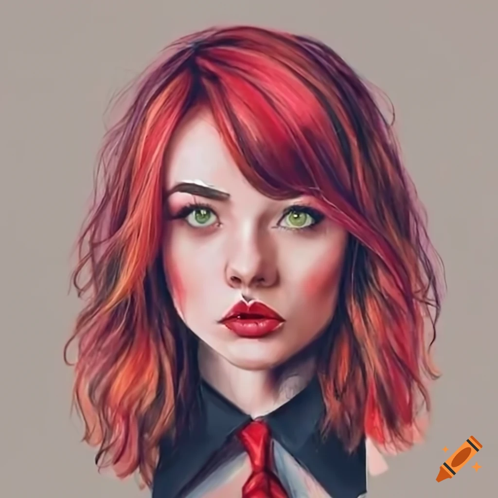 Portrait of a woman with green eyes, red hair, and black attire on Craiyon
