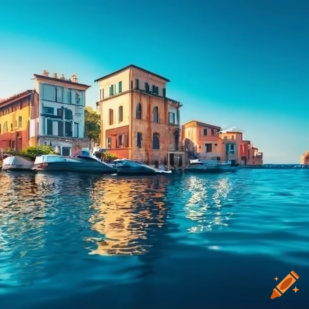 Serene marina with clear blue waters and Italian architecture