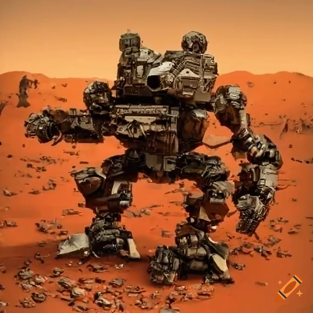 Futuristic armed robot Hammerstein on a Martian battlefield