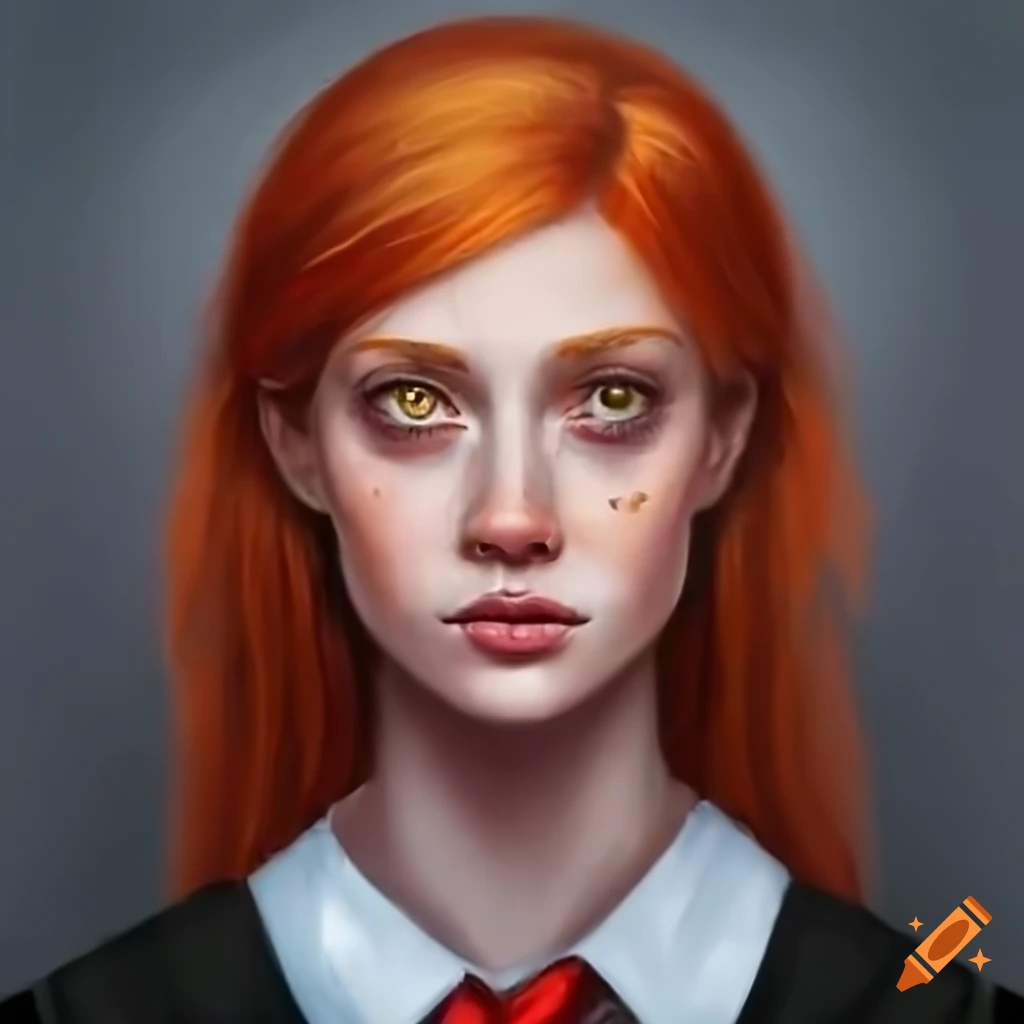 Portrait of a red-haired woman with green eyes and red tie on Craiyon