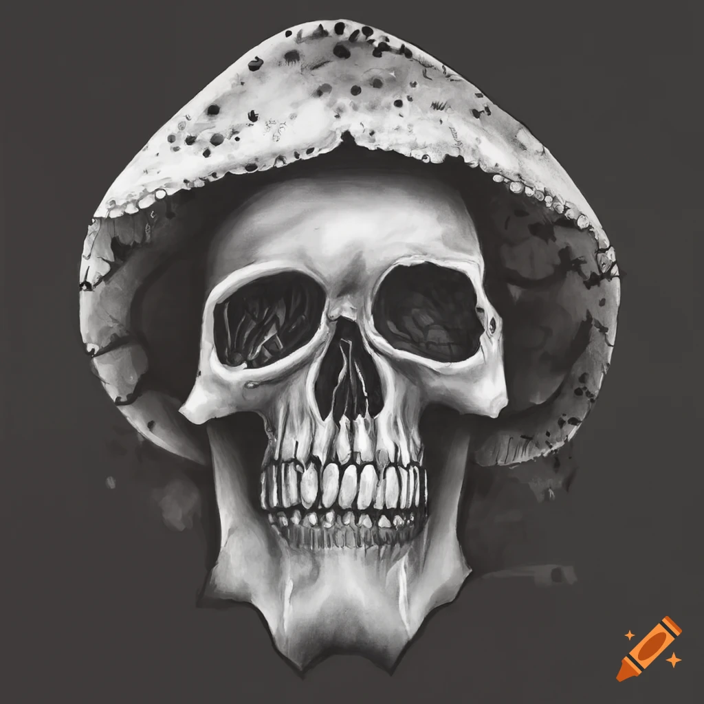Skull-shaped mushroom in Gothic style charcoal drawing