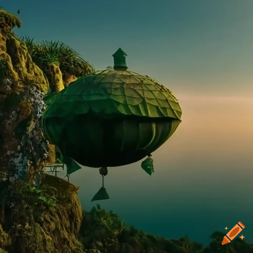 Moss-covered airship over a Mayan-style garden complex built into a cliff side