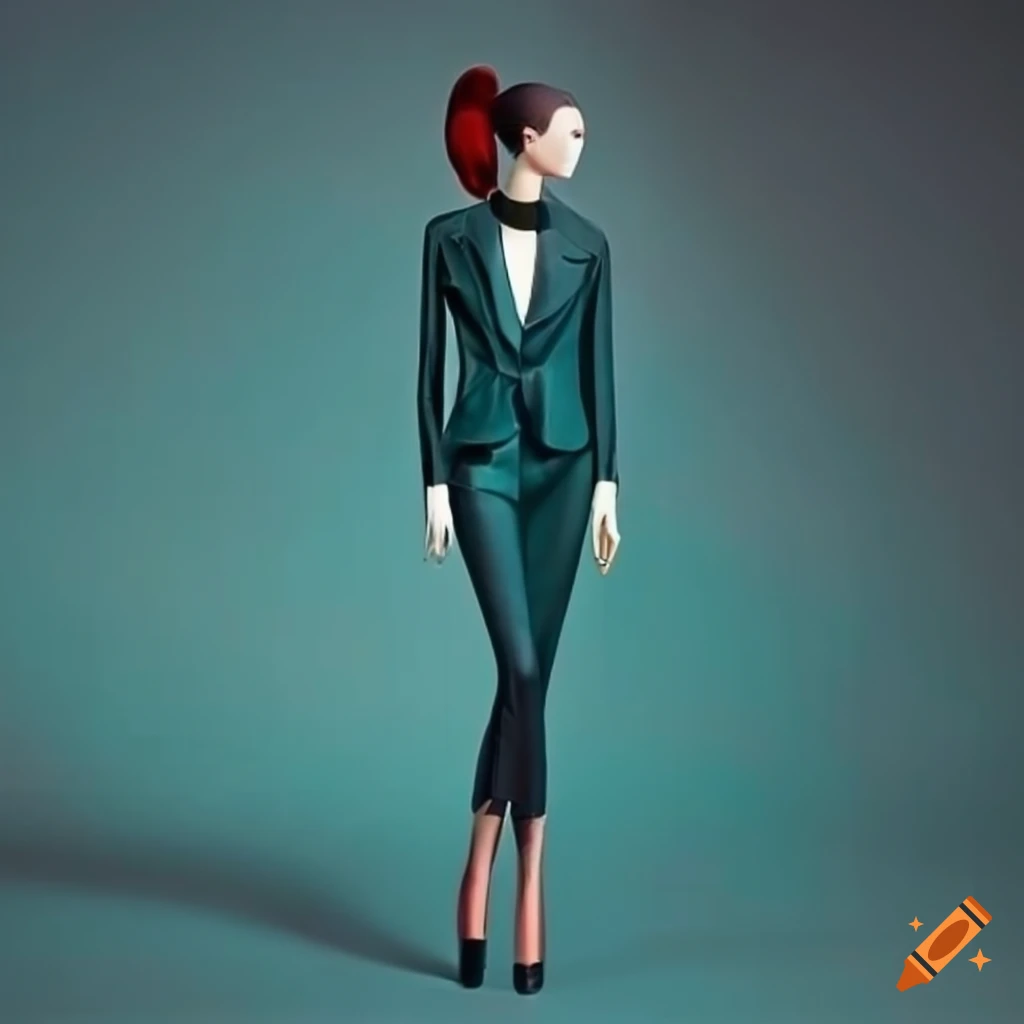 Mannequin in stylish dark teal suit and black heels with red hair in ponytail