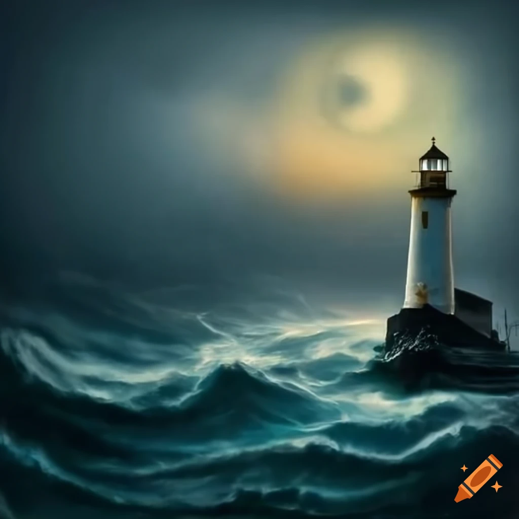 Lighthouse guiding a fishing boat through stormy seas at night on Craiyon