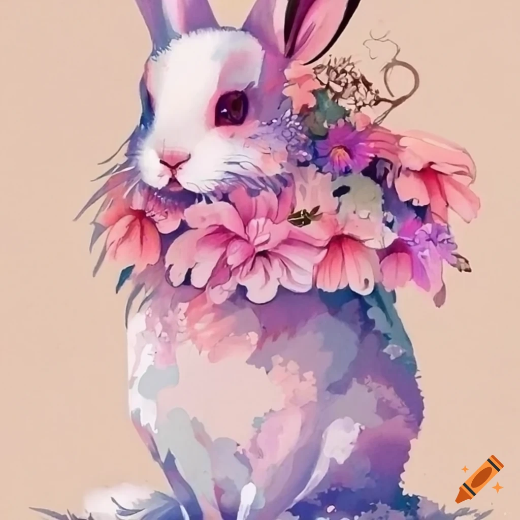 Rabbit surrounded by flowers in a painted art style on Craiyon