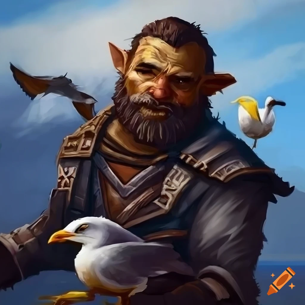 Homeless bearded half-orc with a pet seagull in a fantasy world