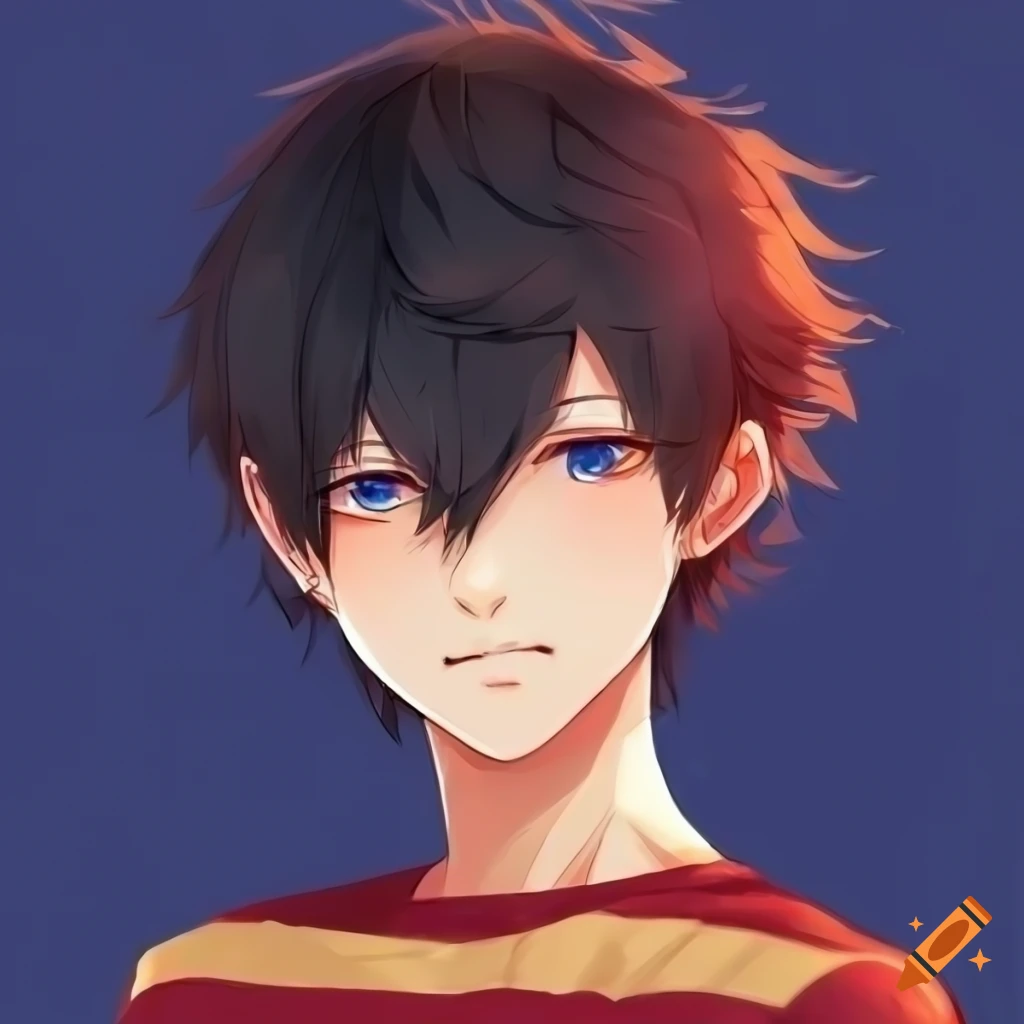 Anime Character With Black Hair Blue Eyes In Red And Gold Striped T Shirt On Craiyon 0843