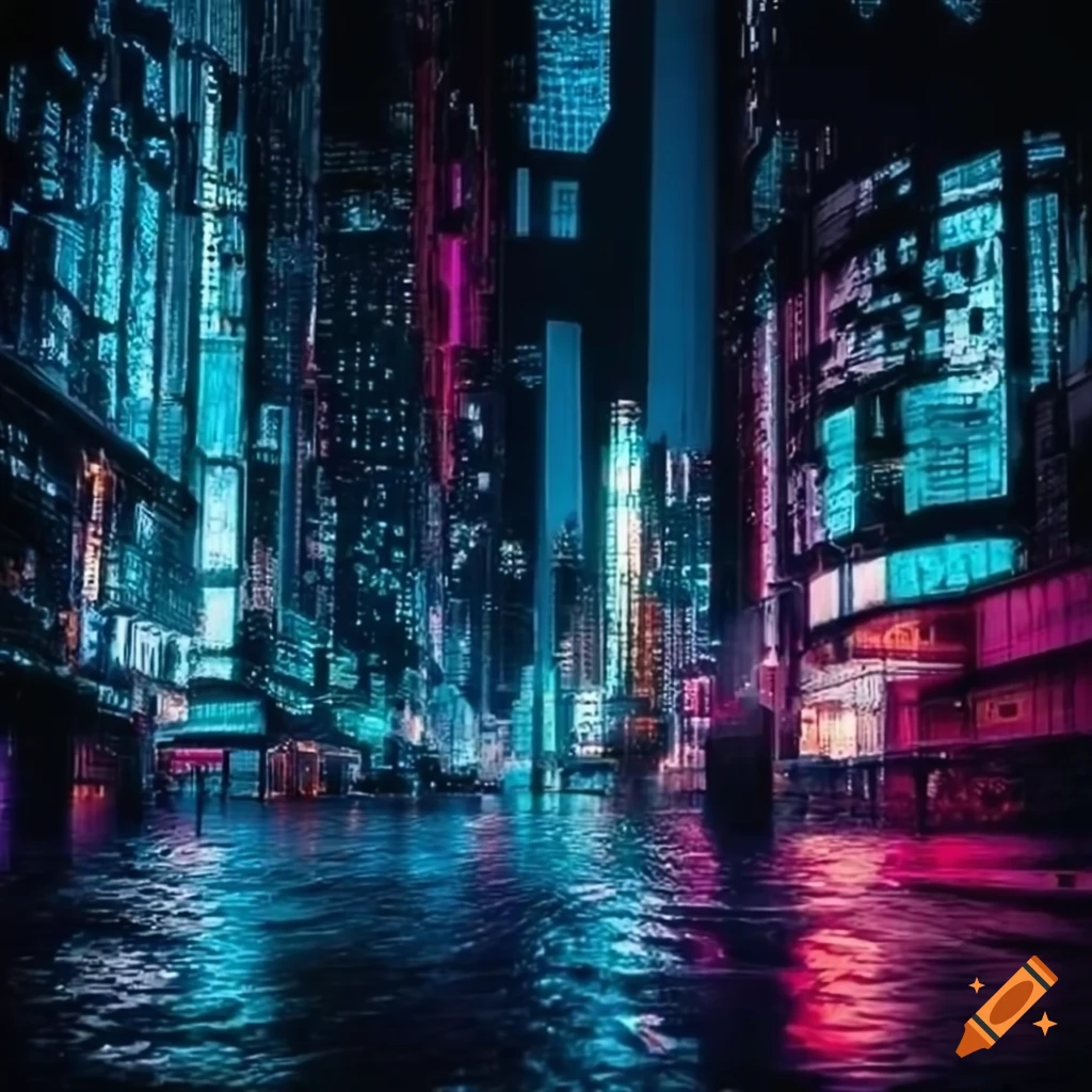 Retro-futurism cyberpunk cityscape