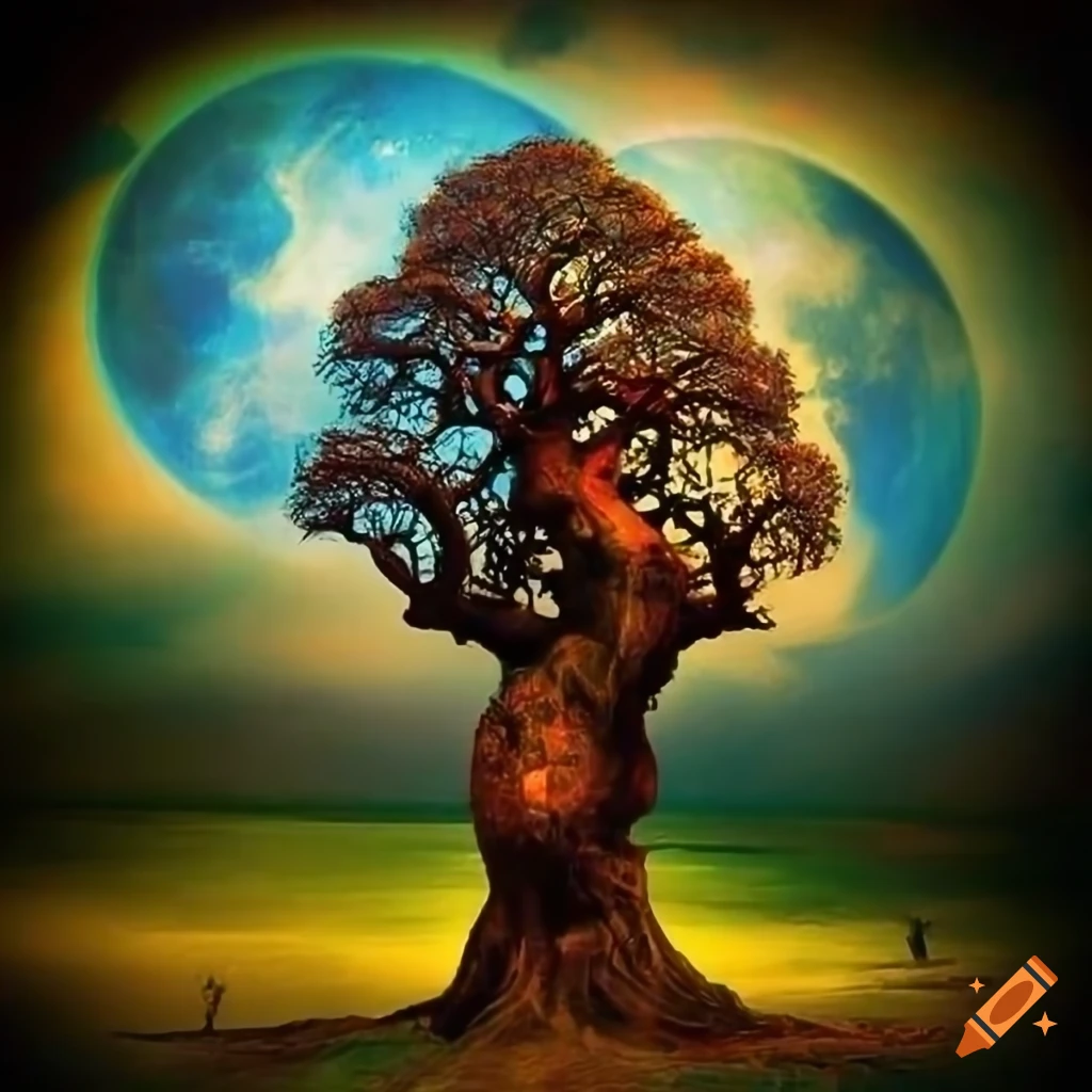 Scary huge stone tree-like structures in moonlight with spirals in an Art Nouveau style