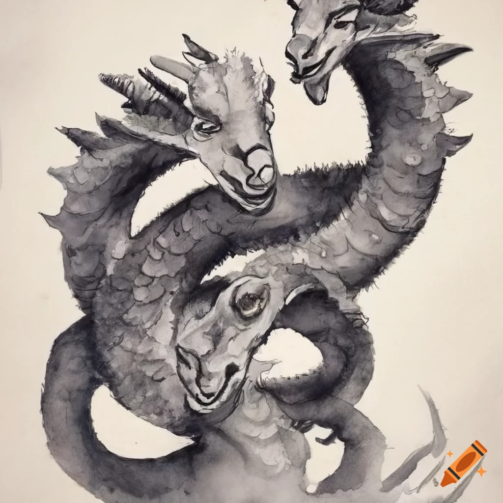 Rustic minimalist graphite watercolor sketch of a mythical sheep hydra ...