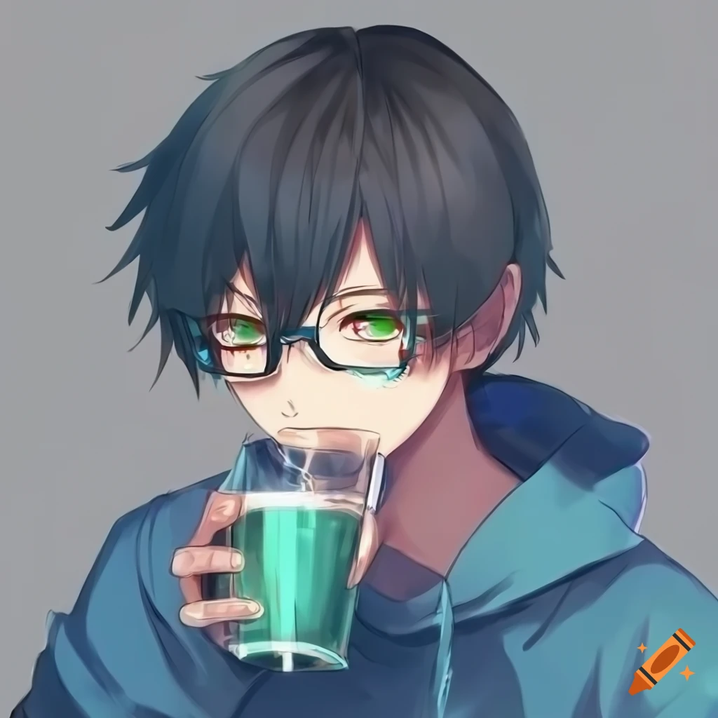 Anime guy with short black hair, green eyes, glasses, and indigo hoodie