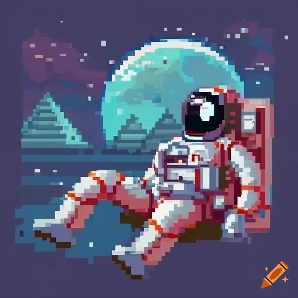 Astronaut relaxing in space with pyramids in the background in pixel art style