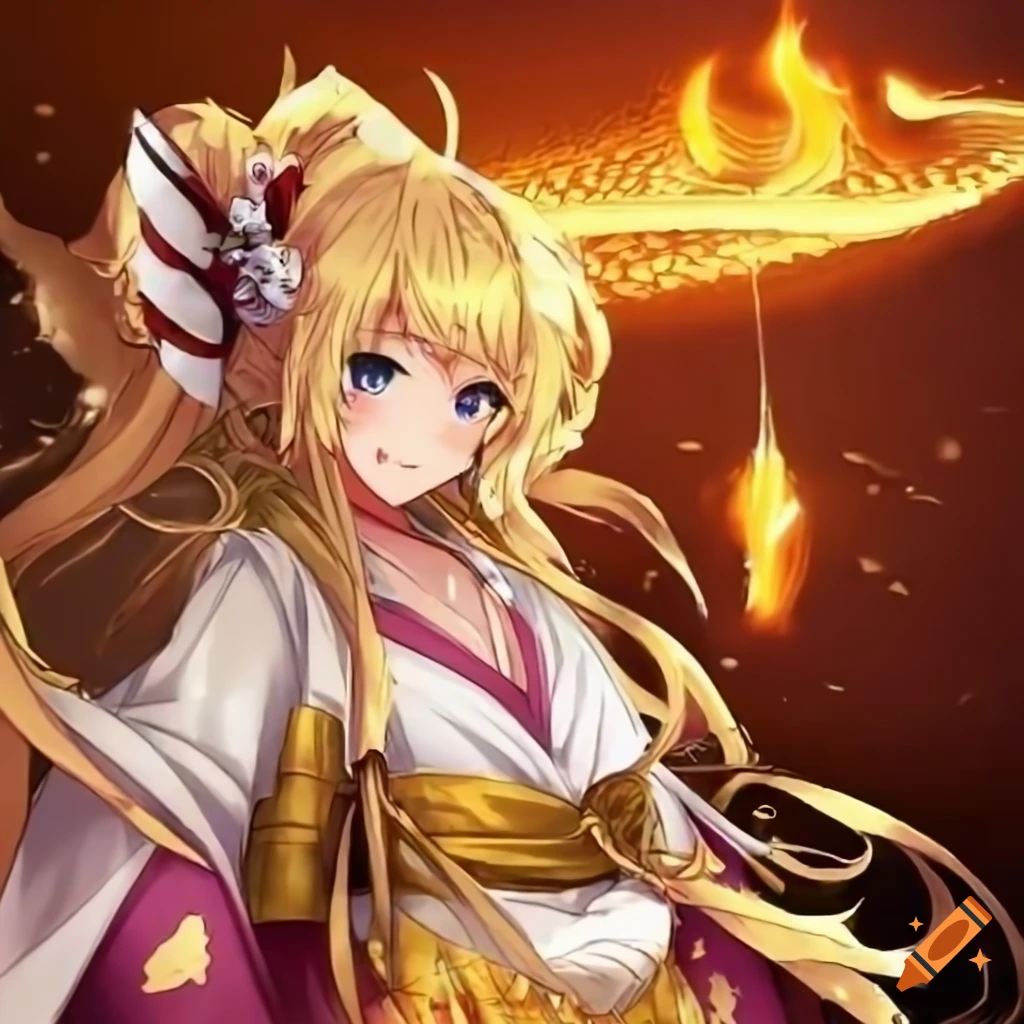 Anime character in sacred ritual with golden flames, demon, and heroine with spear