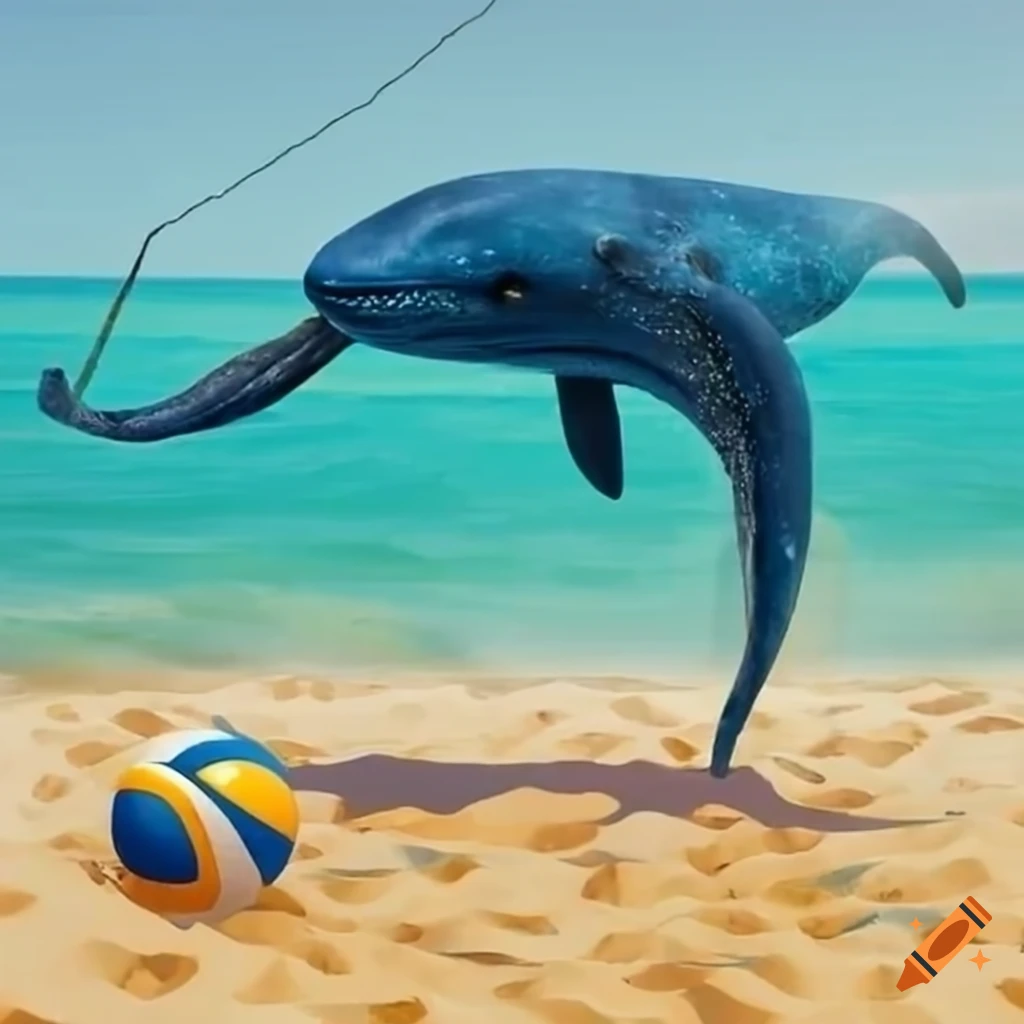 Anthropomorphic blue whale playing beach volleyball on the beach