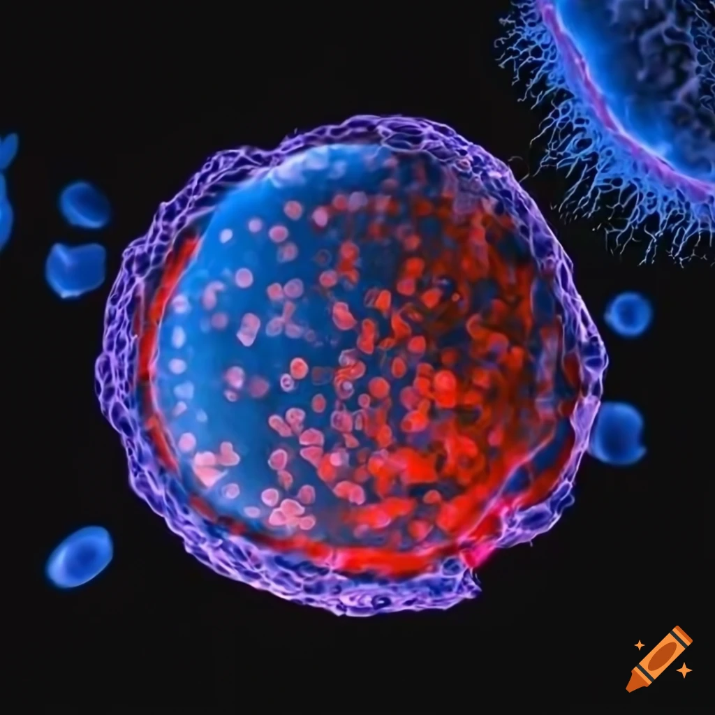 Scientific image of two different cell types in high magnification with receptors, vesicles, and extracellular matrix