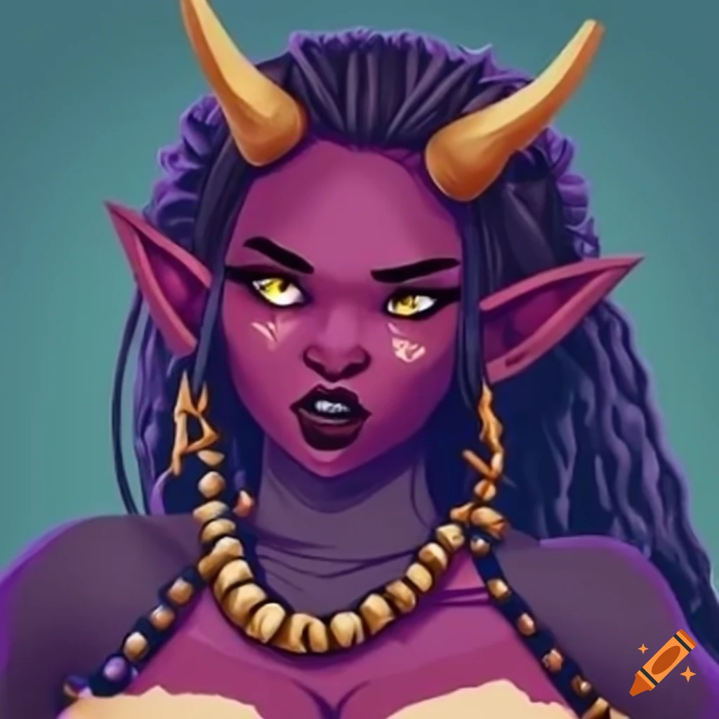 African transgender Tiefling warlock woman with long box braids and magical quarterstaff
