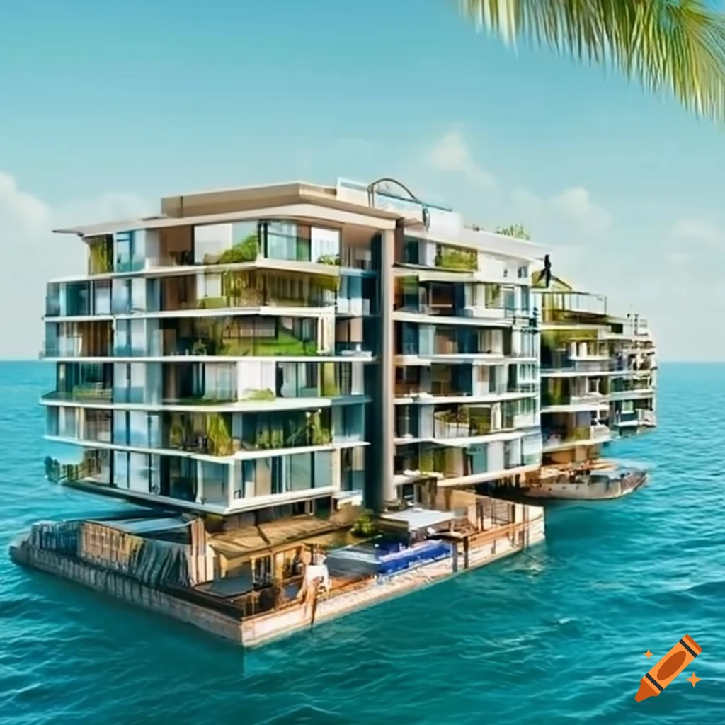Luxury floating community with apartments, decks, and greenery on a barge in the ocean