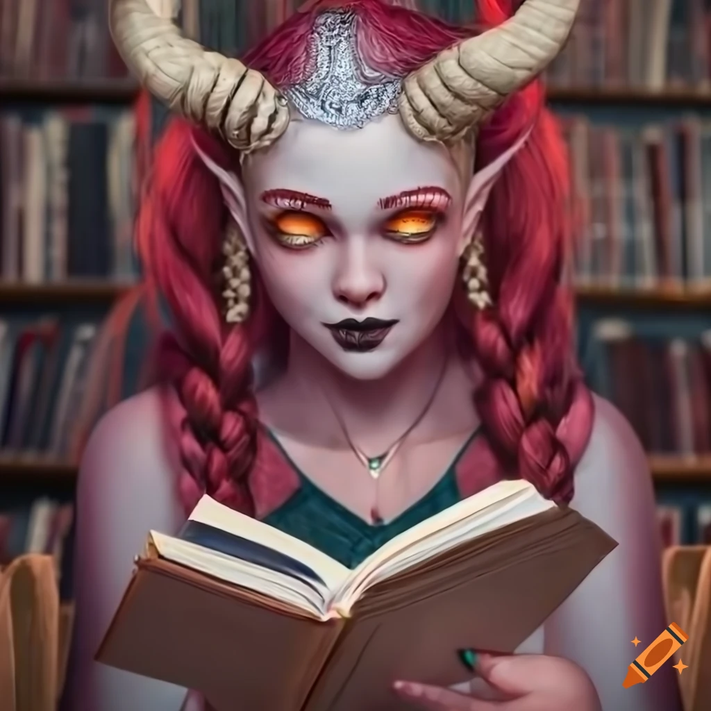 Portrait of a tiefling sorcerer with red hair and ram horns reading in a library