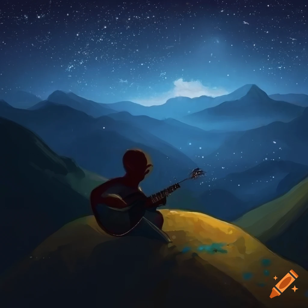 Boy with guitar on a hill overlooking valley at night