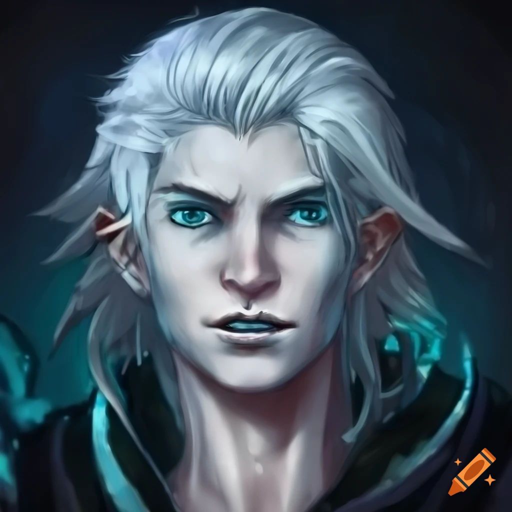 Male Eladrin with white hair and aqua iris in winter attire smirking