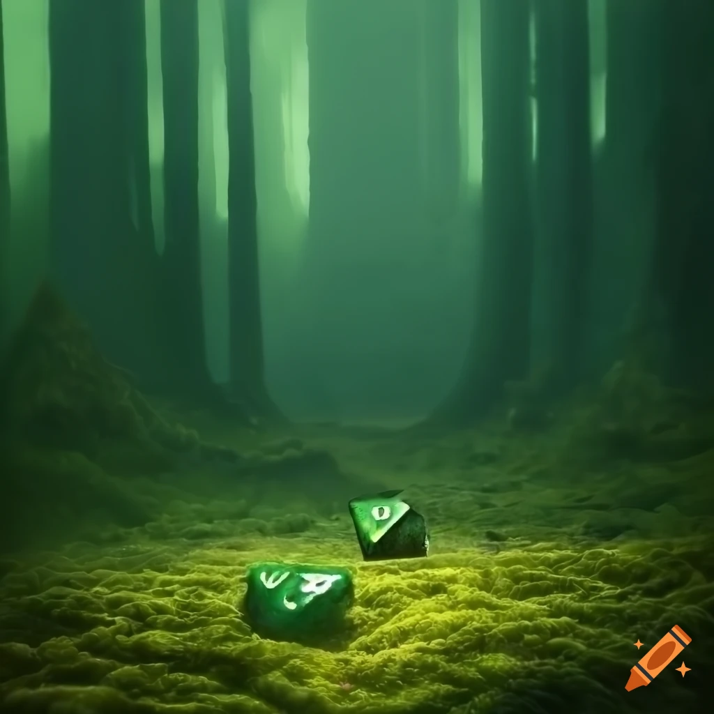 Fantasy semi-forested landscape with twenty-sided dice on mossy ground