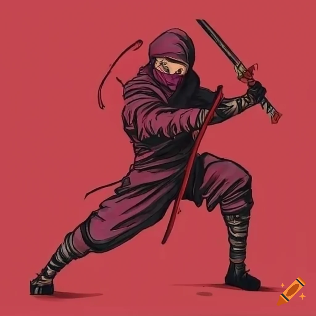 Red ninja wielding a katana in a traditional drawing style