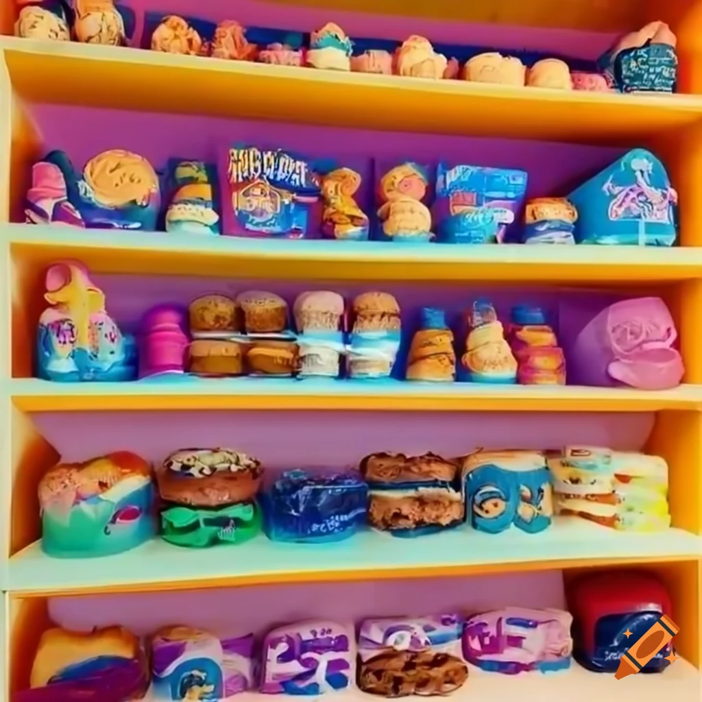 Friendly neighborhood shop with cookies on shelves in a liminal place