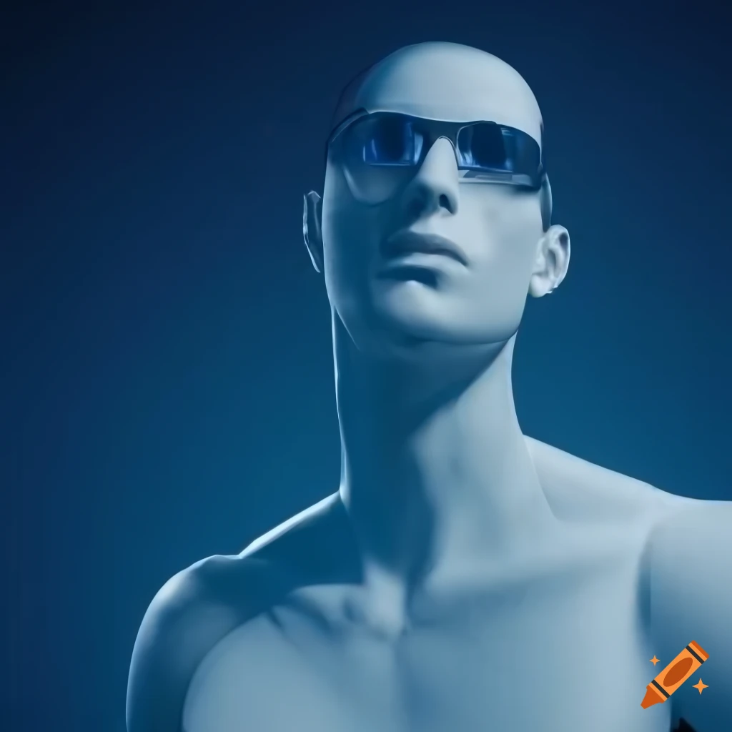 Skinny cyborg in white bustier and aviator glasses looking at utopian scifi buildings