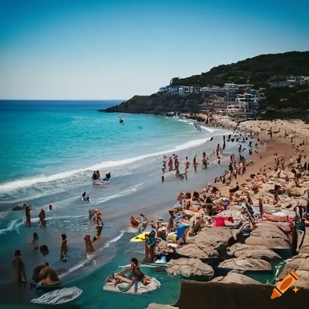 Voller Strand in Spanien mit Touristen und Hotels im Hintergrund