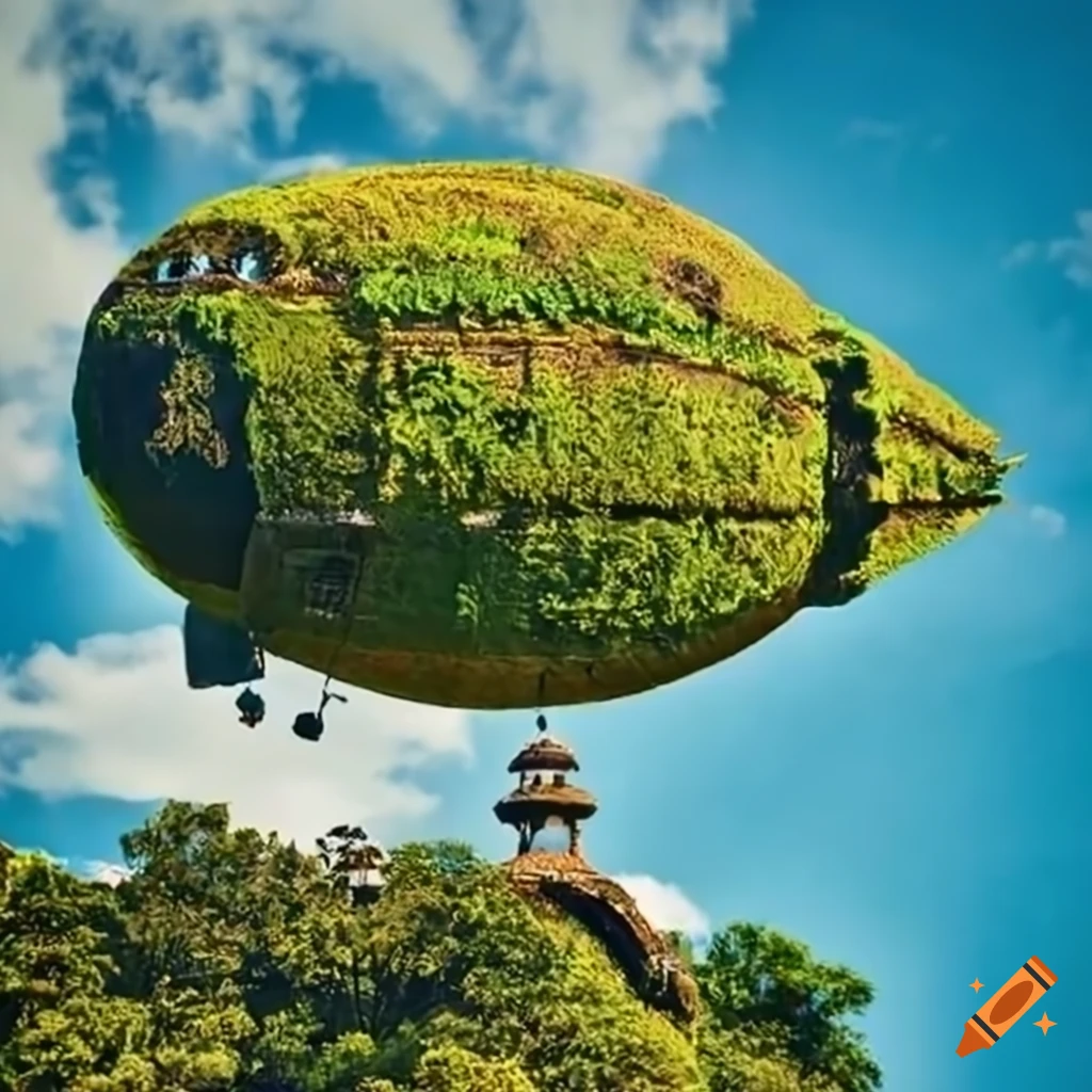 Moss-covered airship over ornate garden built into Mayan-style cliff side