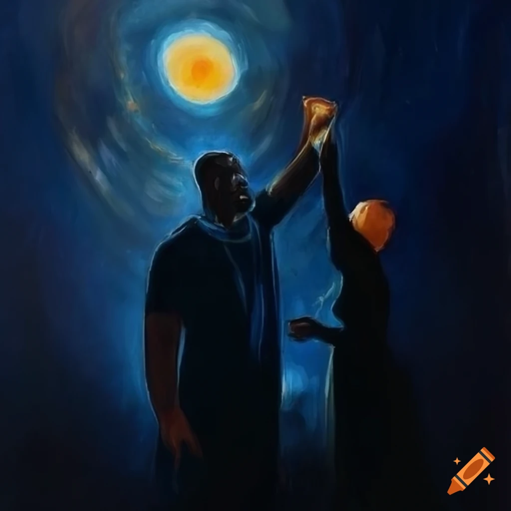 Painting of a man and woman with a radiating figure against the night ...