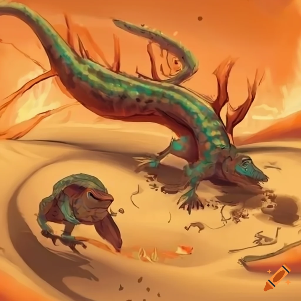 Lizards running across the desert sands in a fantasy art style