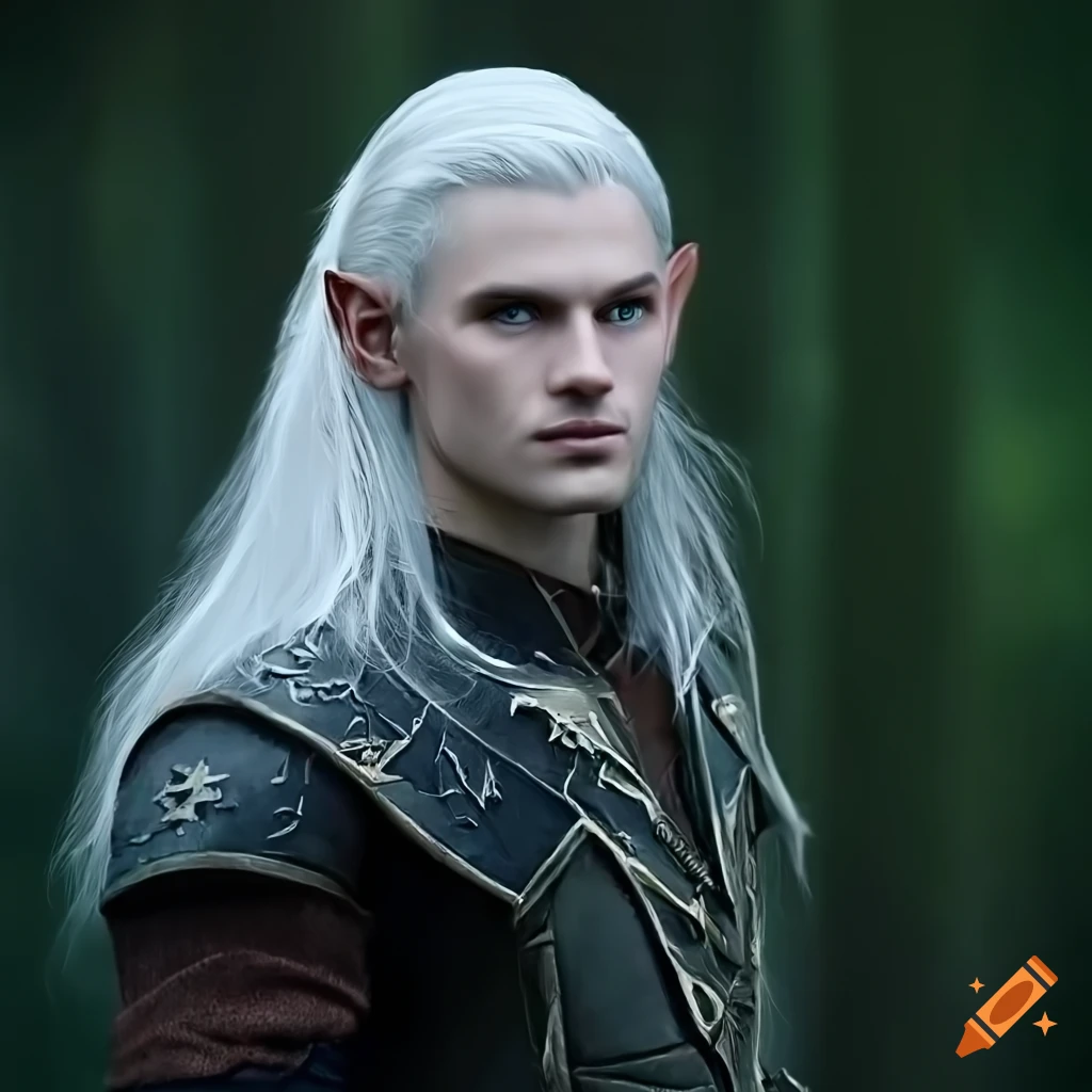 Elegant male elf with long white hair, fair skin, and blue eyes on Craiyon