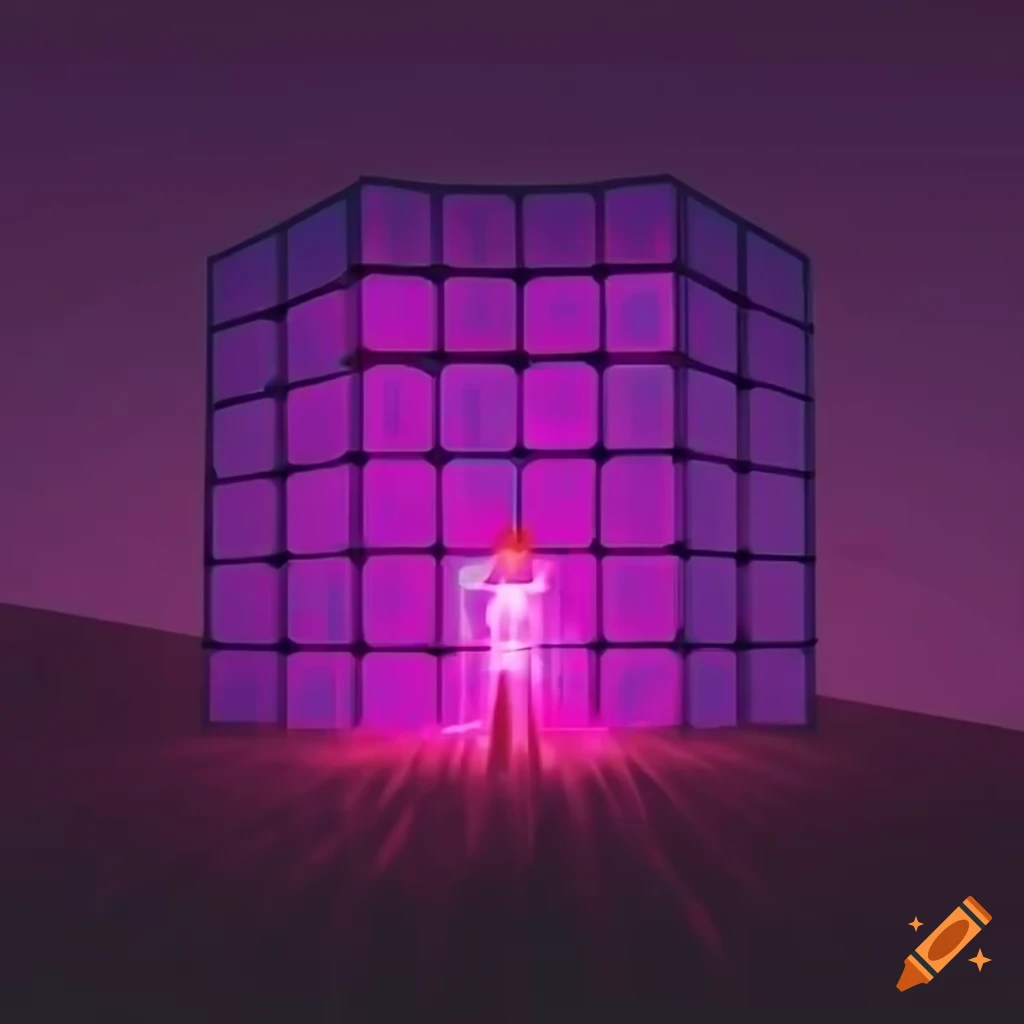 Farmer in a field filled with purple neon cubes on Craiyon