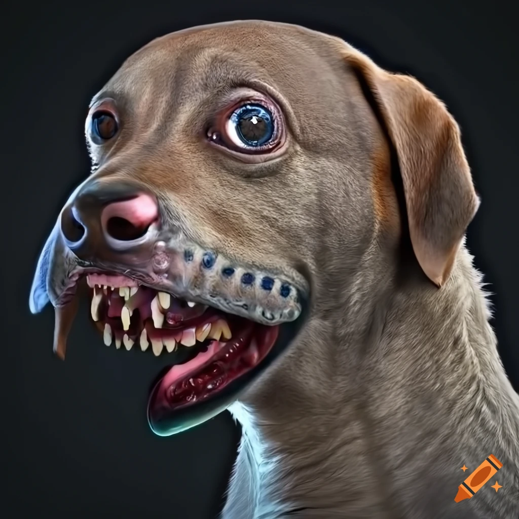 Immersive ultra high definition rendering of a surreal dog with humanoid teeth and unique features