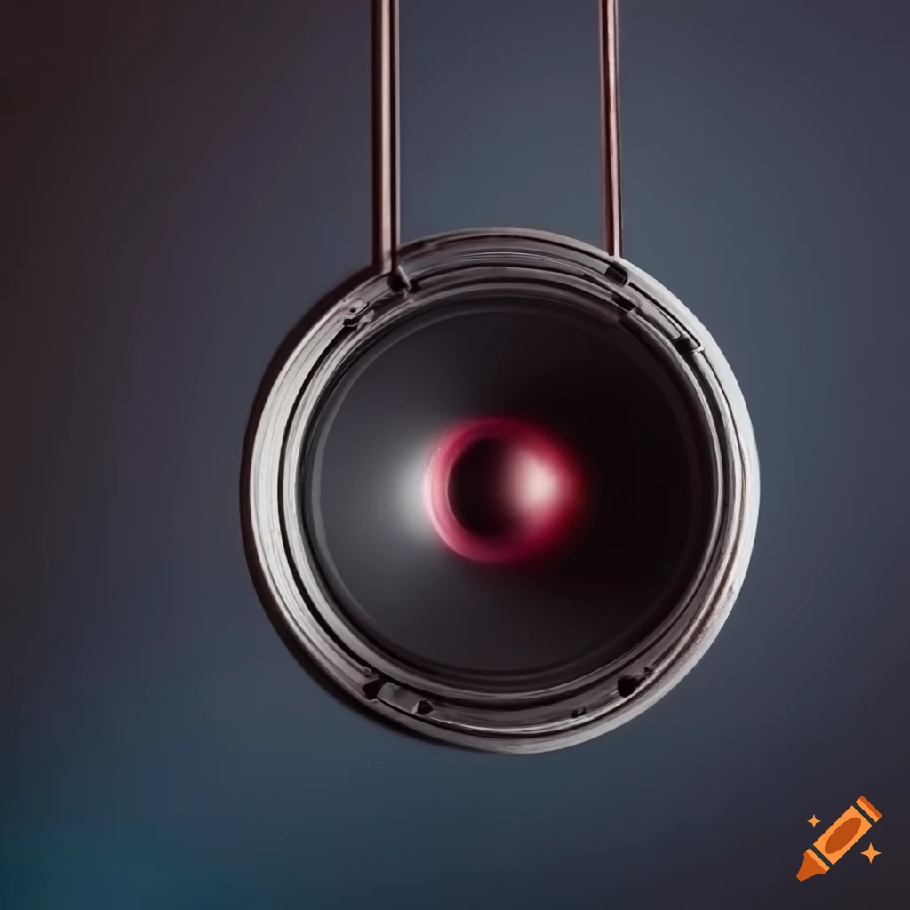Minimalistic music speaker hanging on horizontal truss from above