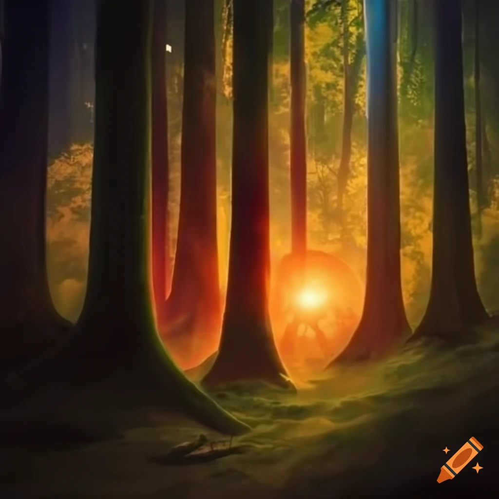 Enchanted forest under a solar flare in the midnight sky on Craiyon